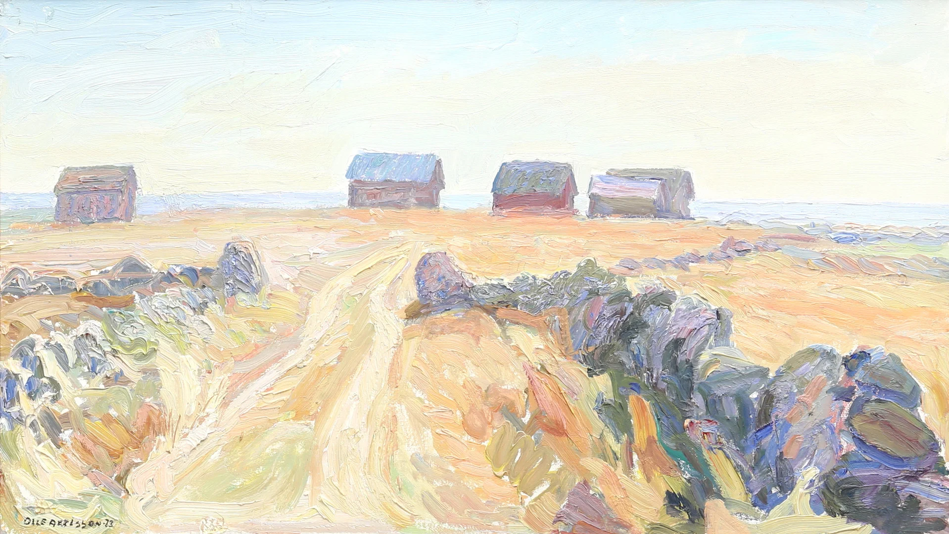 OLLE AXELSSON. Kustlandskap. Olja på spånskiva, signerad och daterad -73. — Paintings — Auktionshuset Thelin & Johansson