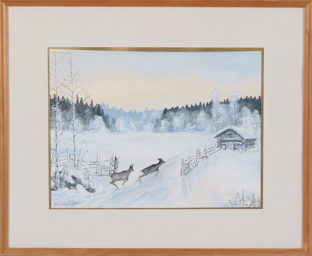 FINGAL WINROTH. "Löpande rådjur-Norrland", gouache på papper, signerad och daterad 84. — Paintings — Stadsauktion Sundsvall