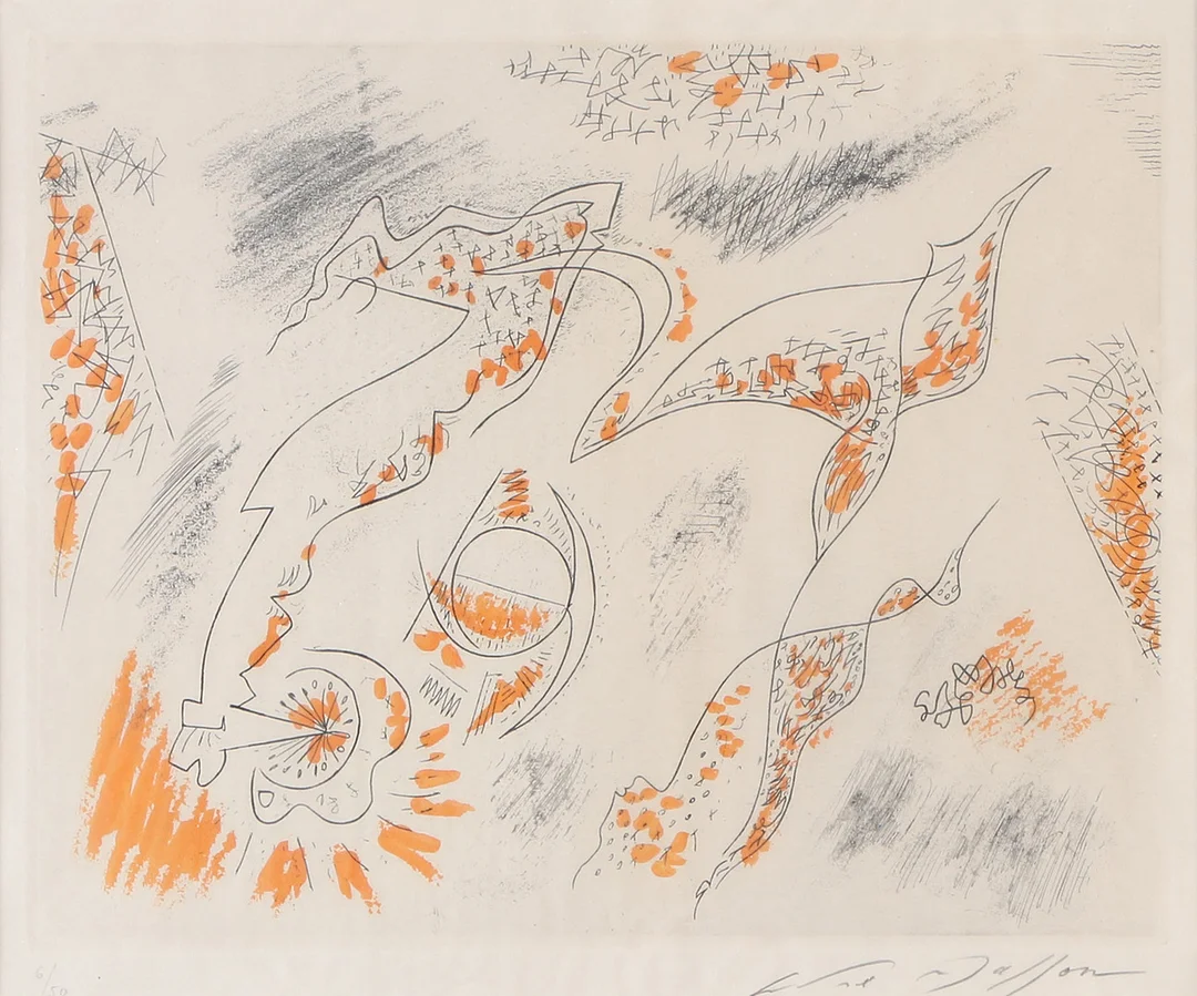 ANDRÉ MASSON. Färgetsning och akvatint 6/50. "Sacrifice Solaire". Signerad. — Engravings & Prints — Skånes Auktionsverk
