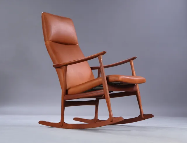 Erik Kirkegaard. Rare rocking chair in teak and cognac-coloured leather