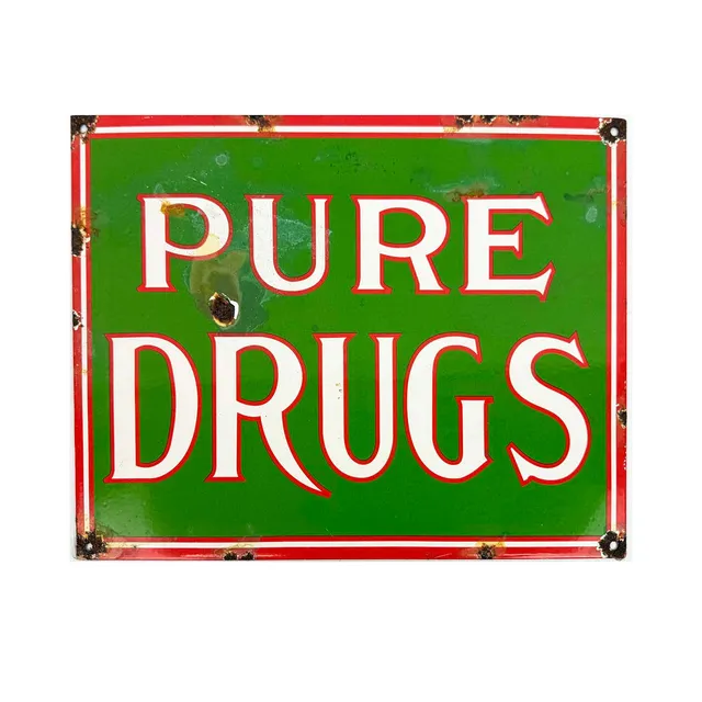 VINTAGE STYLE ENAMEL PURE DRUGS SIGN.