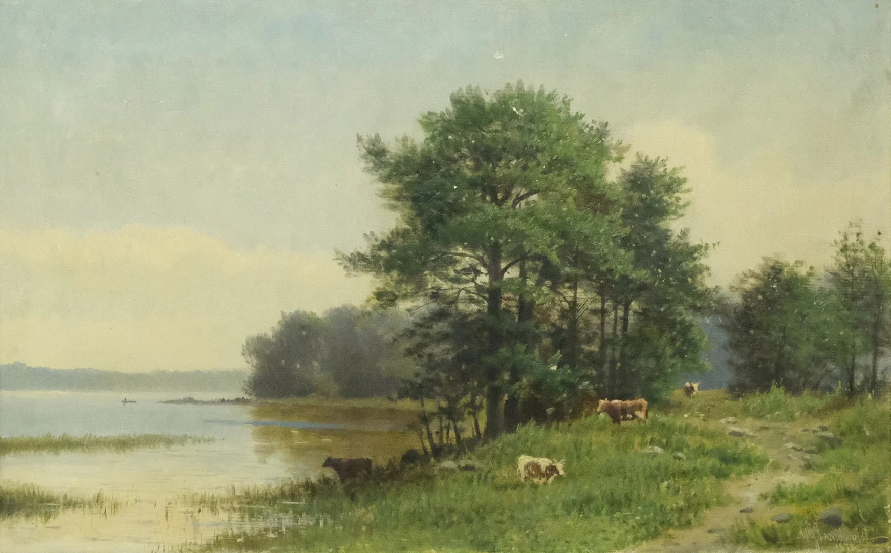 AXEL HJALMAR LINDQVIST. LANDSKAP MED SJÖ OCH KOR, 1878, OLJA PÅ DUK. — Paintings — Björnssons Auktionskammare