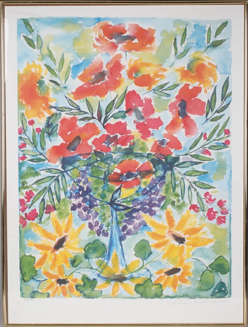 LENA LINDERHOLM. Blomsterstilleben, tryck, signerad och numrerad 780/995. — Engravings & Prints — Stadsauktion Sundsvall