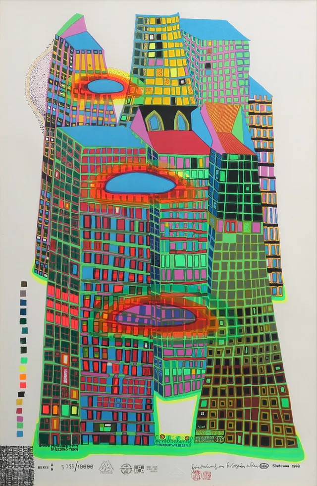 FRIEDENSREICH HUNDERTWASSER 1928-2000. SERIGRAFI, "GOOD MORNING CITY-BLEEDING TOWN" SIGNERAD I TRYCKET, NUMRERAD 5285/10000 OCH DATERAD 1969.