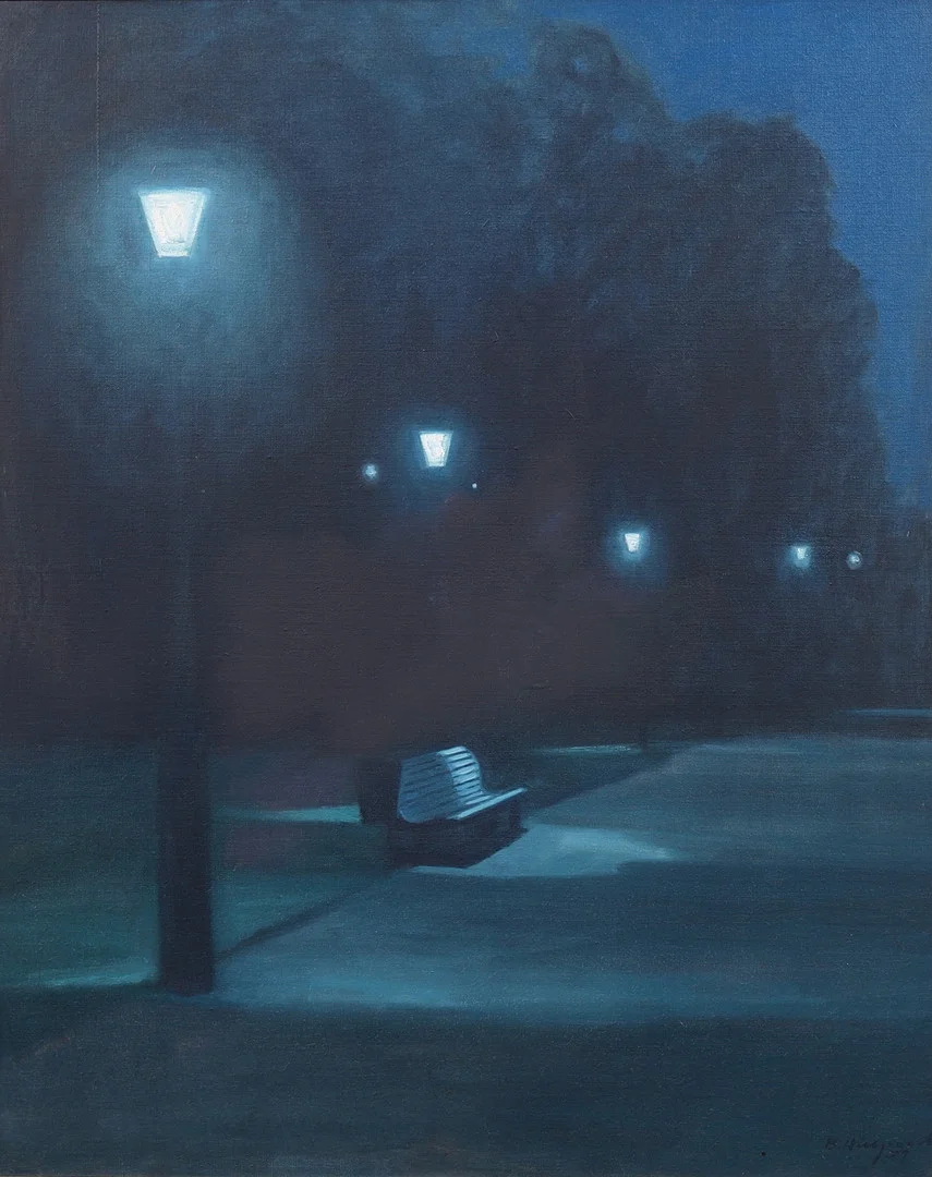 BENGT HILLGRUND. Natt i Kungsparken, Malmö. Olja på duk, signerad och daterad -79. — Paintings — Garpenhus Auktioner