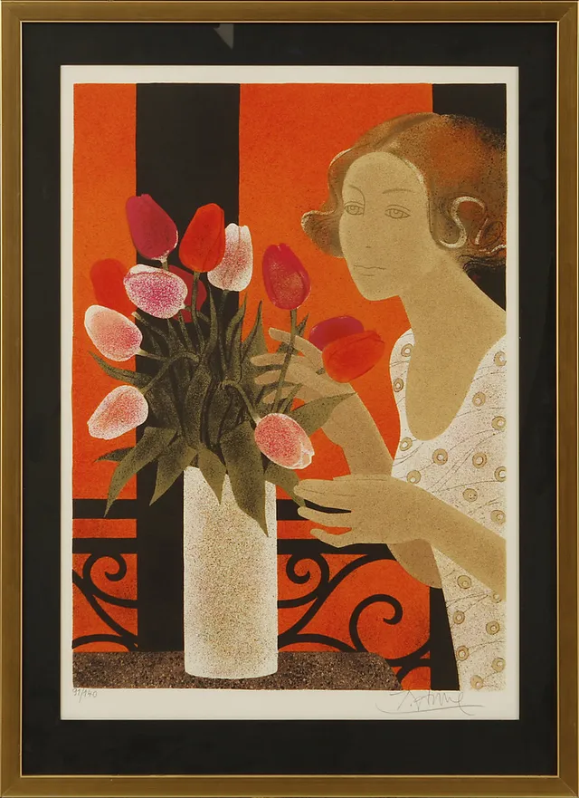 YVES GANNE. "Les tulipes", färglitografi, signerad och numrerad 91/140.