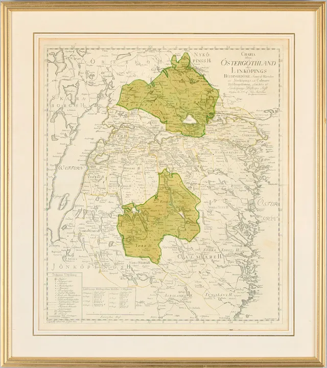 KARTA. "Charta öfver Östergöthland eller Linköpings Höfdingedöme", Nils Marelius, 1779.