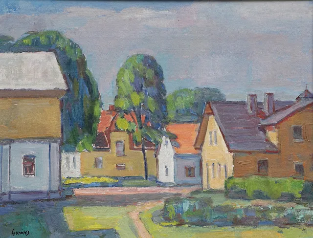 GUSTAF ARNOLDS. Olja på pannå, motiv från Djupadals gård, signerad.