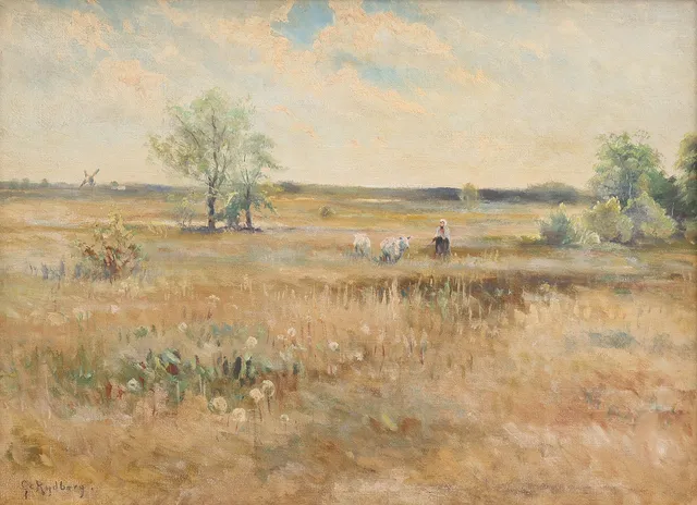 GUSTAF RYDBERG. SKÅNSKT SLÄTTLANDSKAP MED BOSKAP OCH VALLFLICKA.