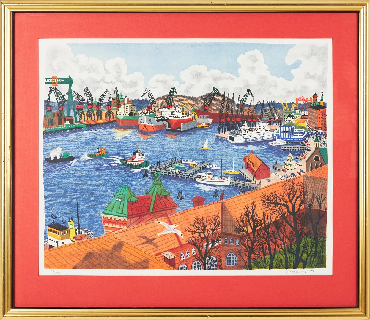 MONA HUSS WALIN. "Eriksberg" ur mappen Från Göteborgs hamn, färglitografi, 17/460, signerad och daterad M. Huss W. -77. — Engravings & Prints — Stockholms Auktionsverk Magasin 5