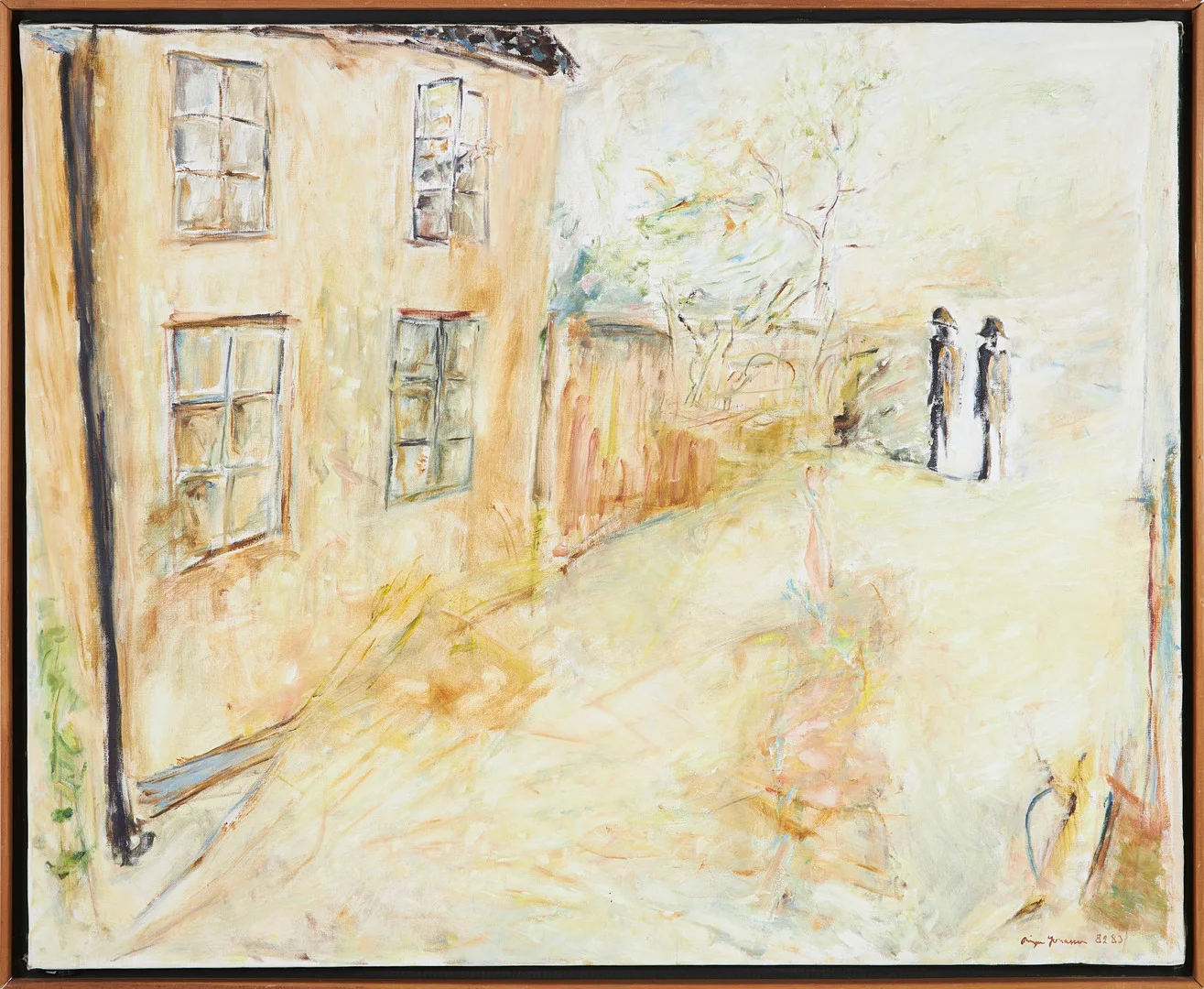 BIRGER JONASSON."Eterseglarens hus" Gatuvy med vandrare, oljemålning på duk, signerad Birger Jonasson. — Paintings — Stockholms Auktionsverk Magasin 5