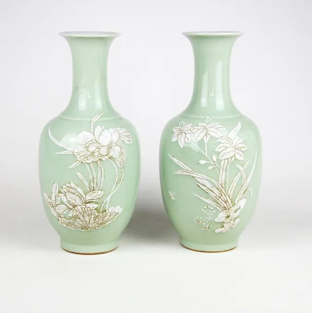PAIR CHINESE OF WHITE SLIP CELADON VASES.
