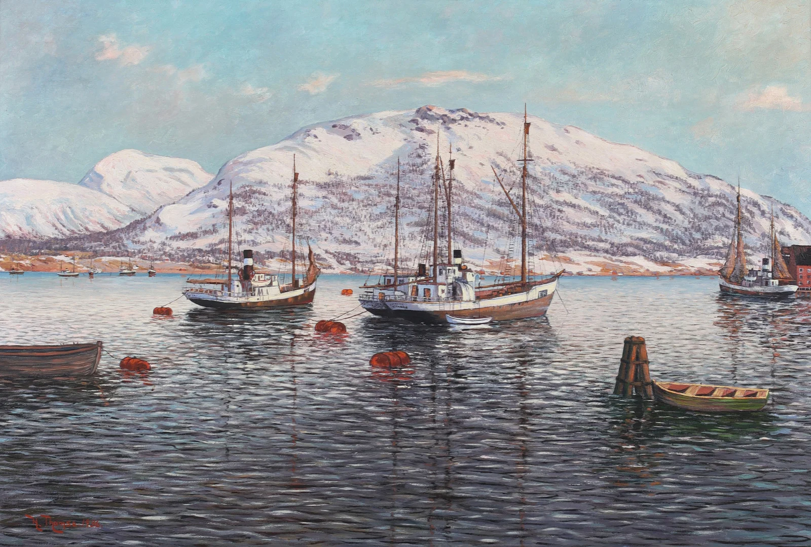 HARRY THOMSE. "Hamnen, Tromsö", olja på duk, signerad och daterad 1936. — Paintings — Stadsauktion Sundsvall