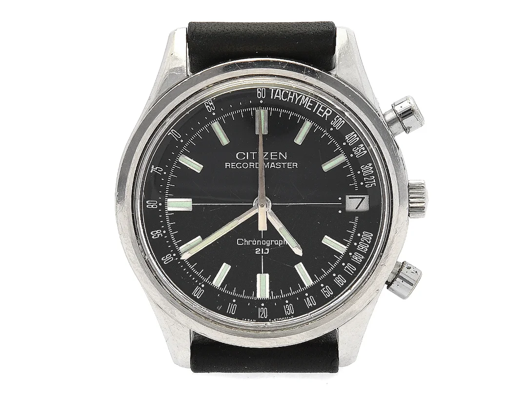 CITIZEN, Recordmaster, "Tachymeter", Cal 5702, Serie nr. 10630863, Boett nr. 4-570014 Y / 63-0110, kronograf, herrur, 36 mm, stål, manuell, plexiglas, datum, läderband, ca 1961. — Klockor/Citizen — Kaplans