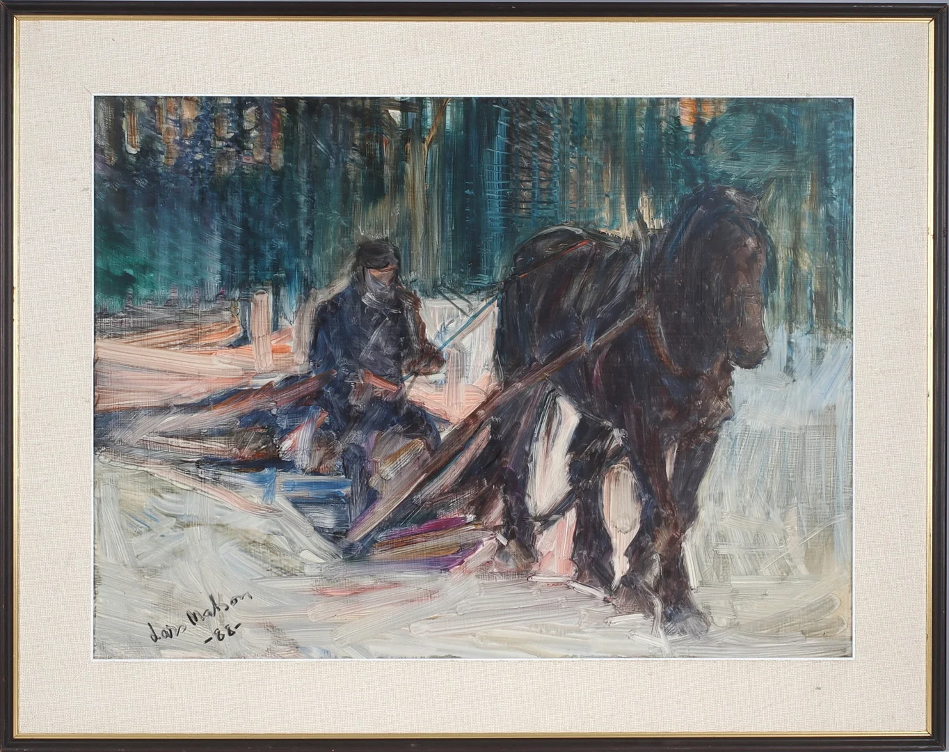 LARS MATSON. Skogsarbete med arbetshäst, olja på pannå, signerad. — Paintings — Stadsauktion Sundsvall