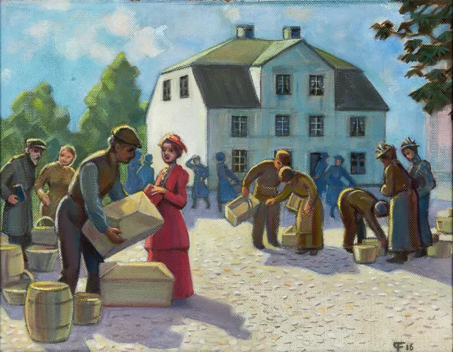 PER FISCHER (1877-1974). "Träslöjdsmarknad i skara", monogramsignerad och daterad PF 16, olja på pannå.