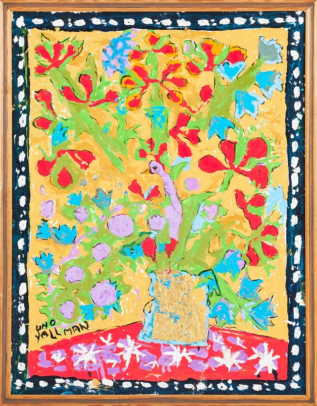 UNO VALLMAN. Komposition med fågel och blommor, akryl på duk, signerad Uno Vallman.