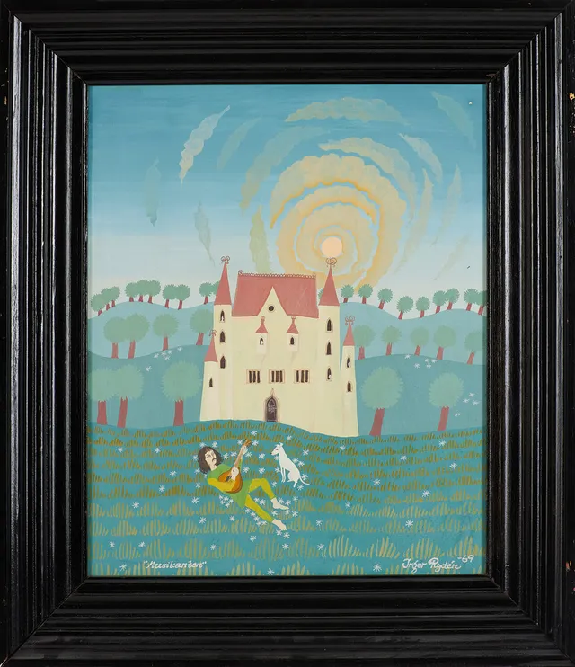 INGER RYDÉN. "Musikanten", gouache på pannå, signerad och daterad Inger Rydén -69.