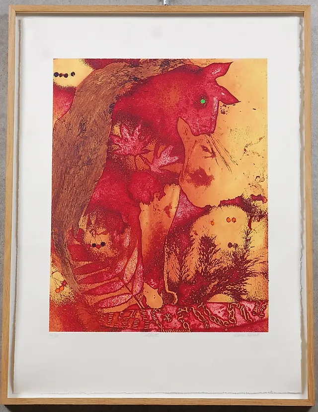 LONE RECHT. Danmark född 1952, färglitografi, " Solkatt " signerad , numrerad 12/50.