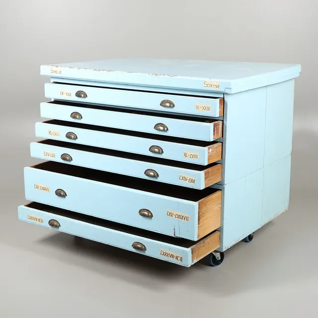 A PAINTED PLAN CHEST.