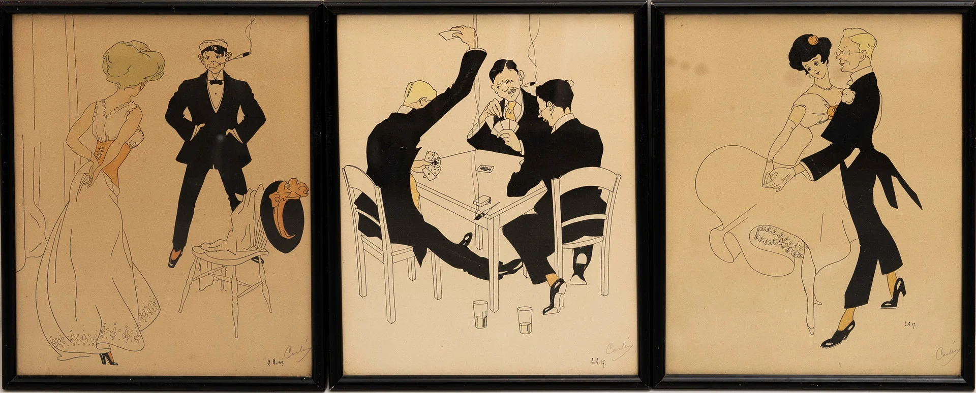 CARL HENRIK JENSEN-CARLÉN 1888-1957. 3 st grafiska blad ur "Drag ur studentens liv", originalupplagan 1917, handsignerade. — Drawings — Auktionshuset Kolonn