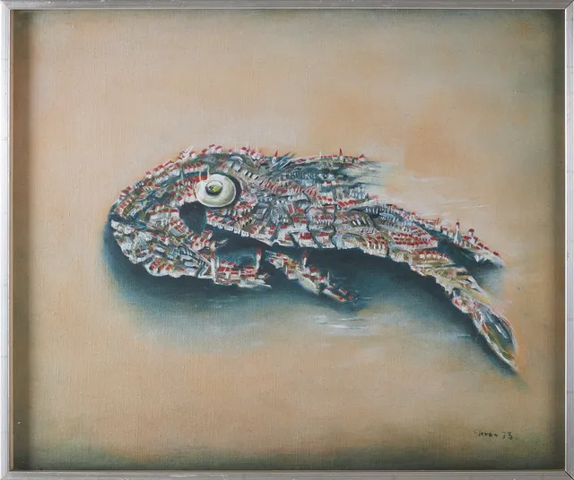 GÖSTA GIEROW. "Venedig som fisk", blandteknik, signerad och daterad Gierow 73.