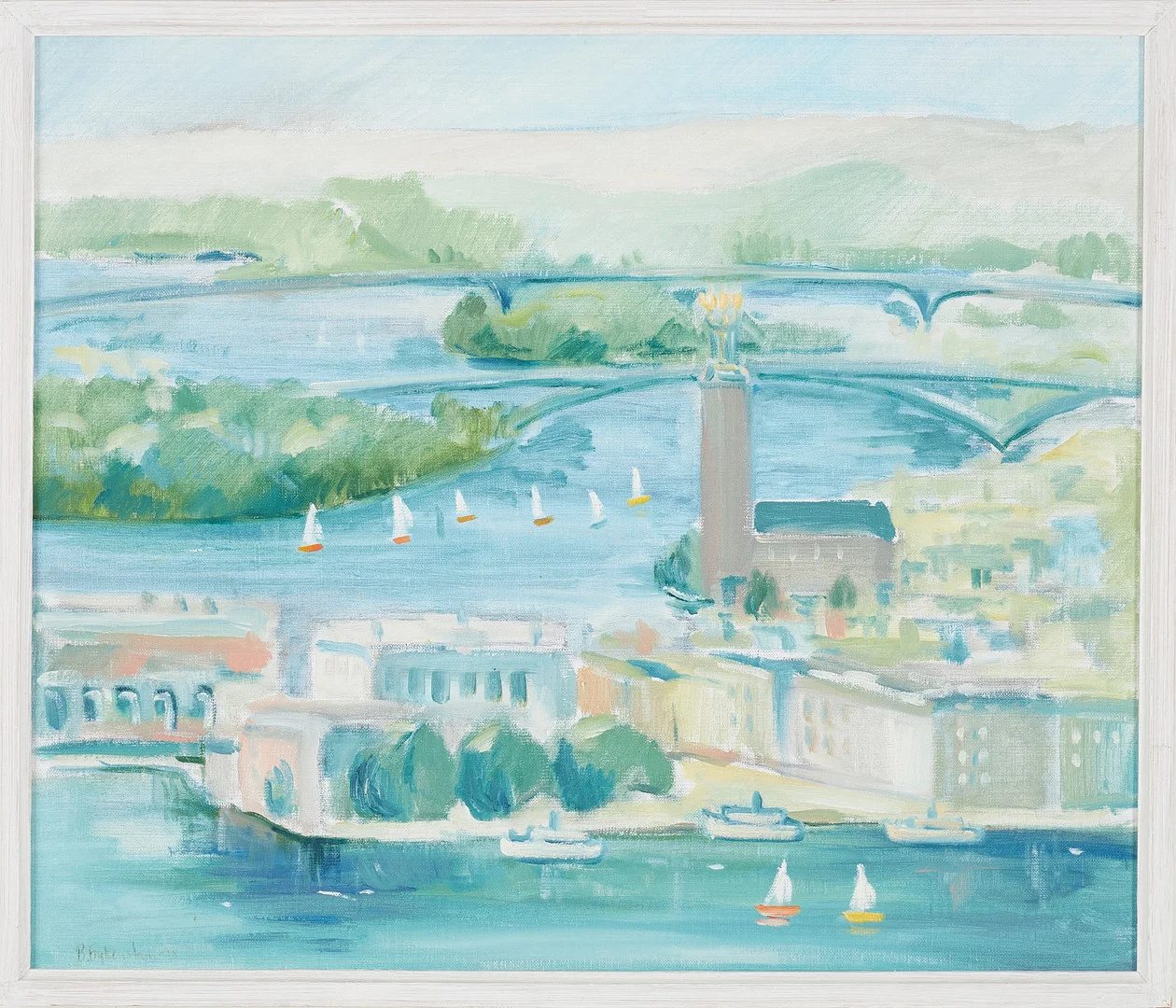 BÖRJE FRYKENSTAM (1936-2021). Stockholmsmotiv med Stadshuset och Västerbron olja på duk, signerad B Frykenstam. — Paintings — Stockholms Auktionsverk Sickla