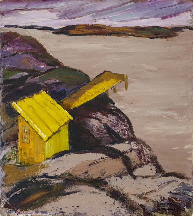 BEDA LÖBERG (Hjo, 1895-1974), Gul sjöbod och brygga, signerad och daterad a tergo Beda Löberg 1953, olja på pannå.
