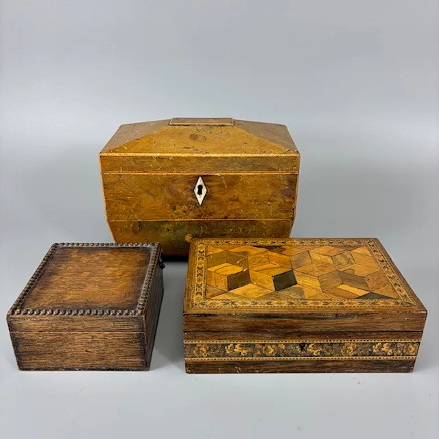 ANTIQUE TEA CADDY AND BOXES.