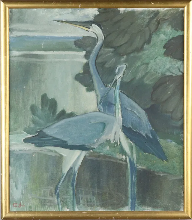 ERNST NORLIND. Olja på duk, "Hägrar, monogramsignerad E.N.
