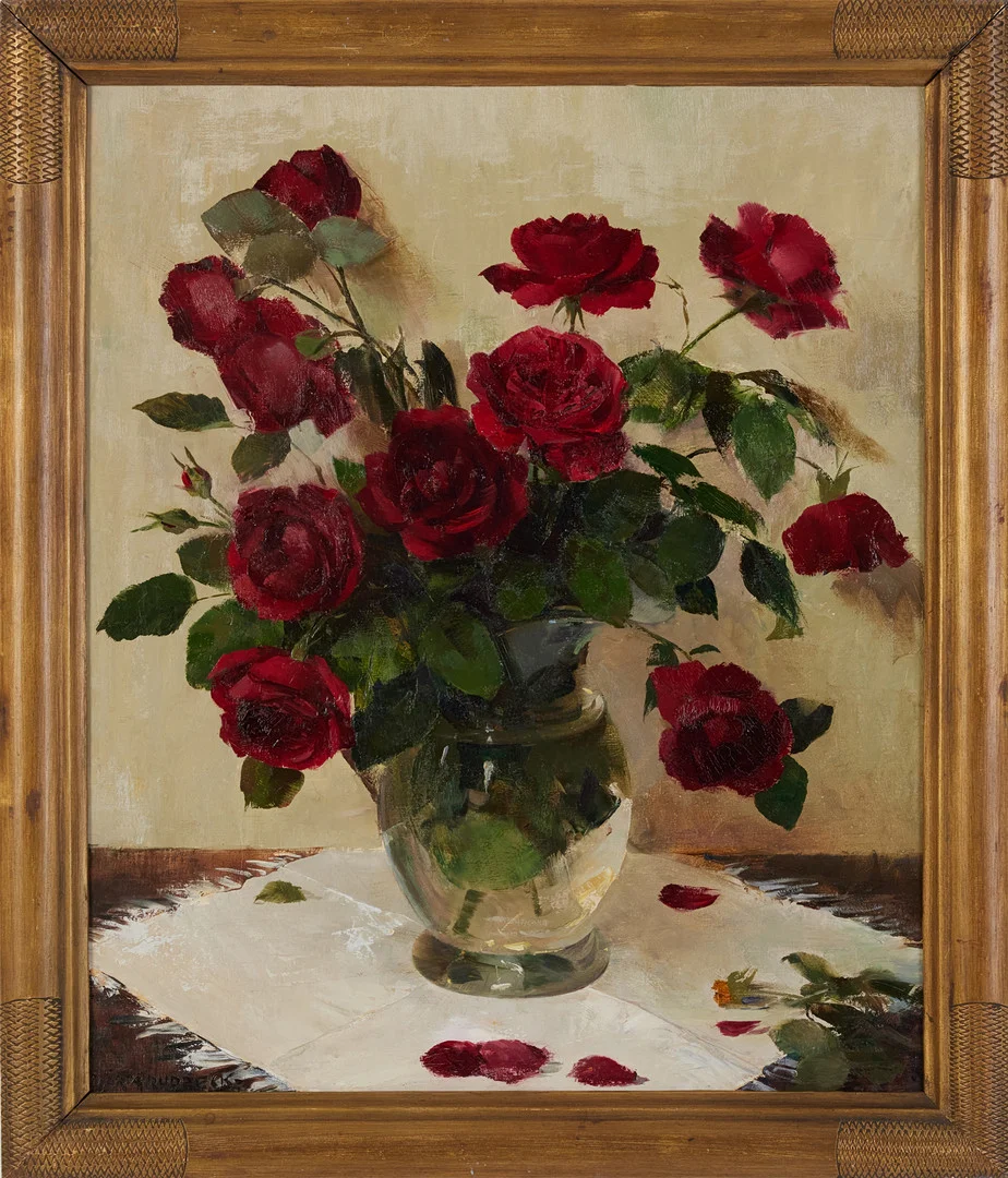MÄRTA RUDBECK. Röda rosor, olja på duk, signerad. — Paintings — Stockholms Auktionsverk Magasin 5