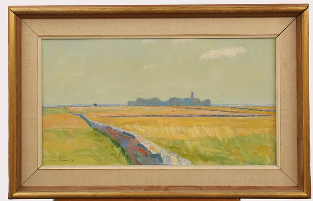 EINAR ROSÉN. Olja på duk, landskap med skog och fyr i bakgrunden. Segerstad, Öland, signerad, 1958.