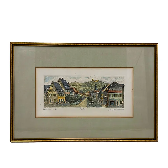 RUDI MÜLLER. RADIERUNG DER STADT WEINHEIM MIT DER BURG WINDECK.