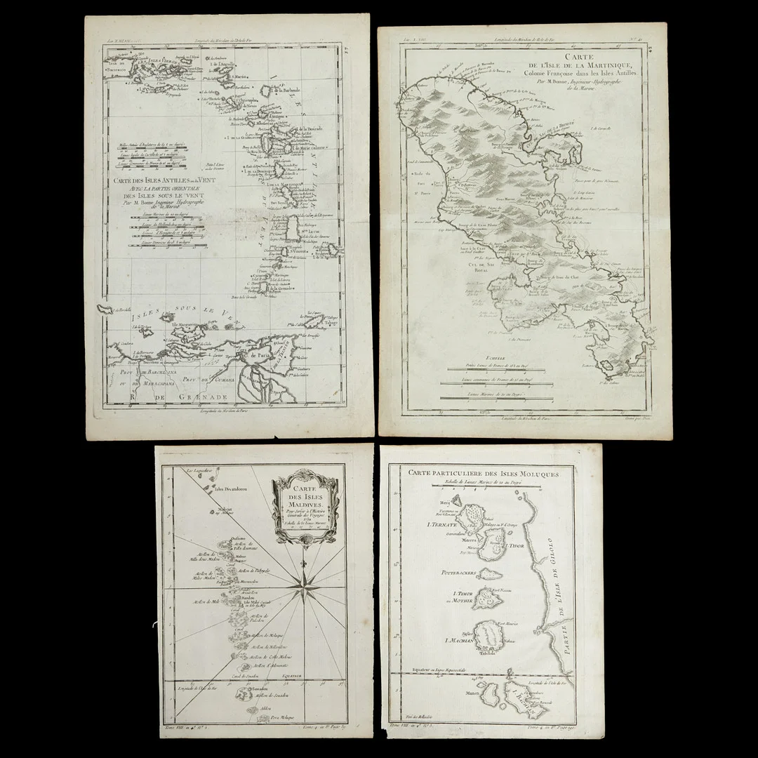 BELLIN/PRÉVOST (2), Carte des Isles Maldives; Carte particuliere des Isles Moluques, ca 1750-60. BONNET/RAYNAL (2), Carte des Isles Antilles; Carte de L'Isles de la Martinique, ca 1780. — Maps — Crafoord Auktioner Stockholm