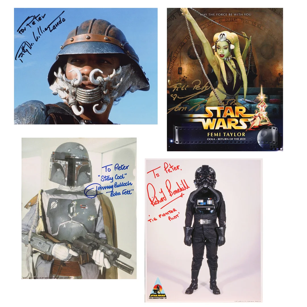 STAR WARS. signerade foton/bilder, med personlig dedikation, 4 st, bland annat "Bobba Fett" Tommy Bulloch. — Autographs & Manuscripts — Crafoord Auktioner Malmö