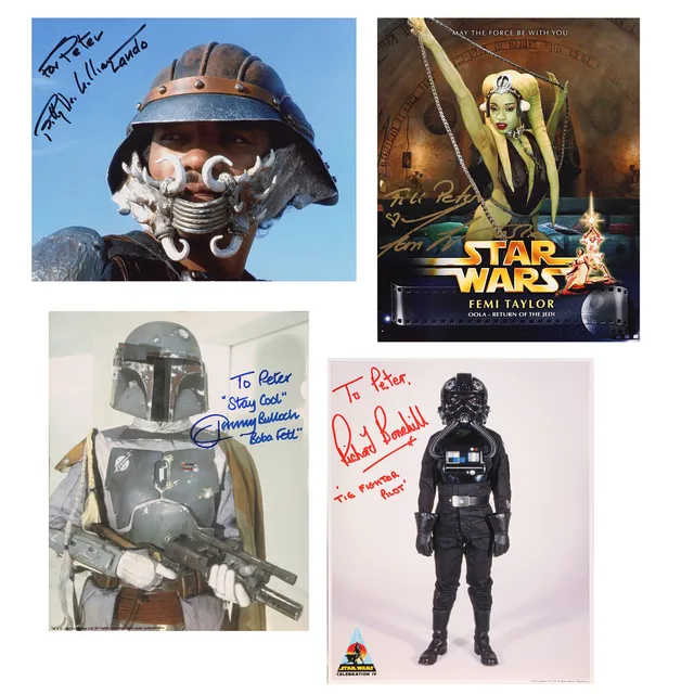 STAR WARS. signerade foton/bilder, med personlig dedikation, 4 st, bland annat "Bobba Fett" Tommy Bulloch.