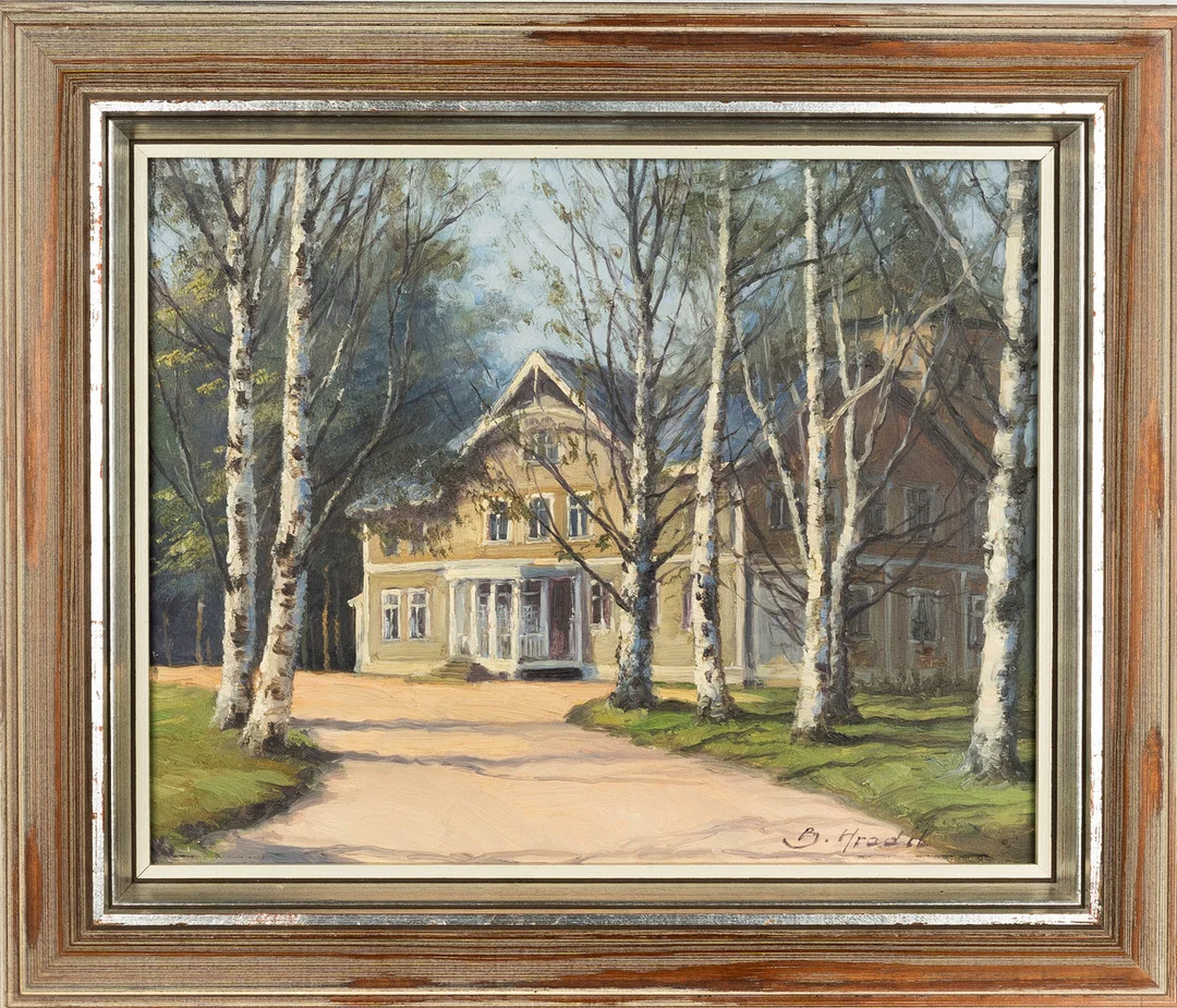 BELA HRADIL. Olja på pannå, Husmotiv, Signerad. — Paintings — Norrlands Auktionsverk