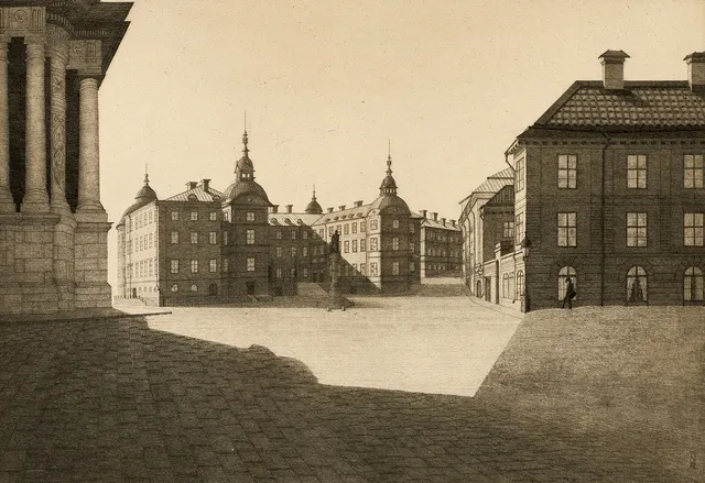 GUSTAF ISANDER (1863-1929). "Birger Jarls Torg, Stockholm", signerad och daterad 1927, torrnålsgravyr.