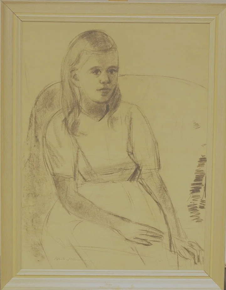 BRITA AF KLERCKER. Flickporträtt, kolteckning, signerad. — Drawings — Limhamns Auktionsbyrå