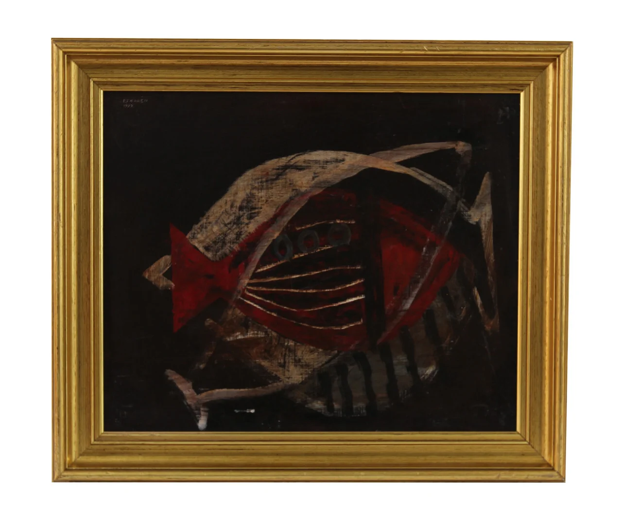 ESAIAS THORÉN. Olja på pannå. Komposition med fiskar, signerad E Thorén-1952. — Paintings — Göteborgs Auktionsverk