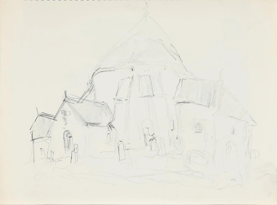 Østerlars church. Signed OH. Pen and oil stick on paper. Sheet size 54×74 cm. Unframed. — Modern Paintings/Classical modernism — Bruun Rasmussen