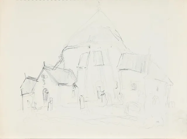 Østerlars church. Signed OH. Pen and oil stick on paper. Sheet size 54×74 cm. Unframed.