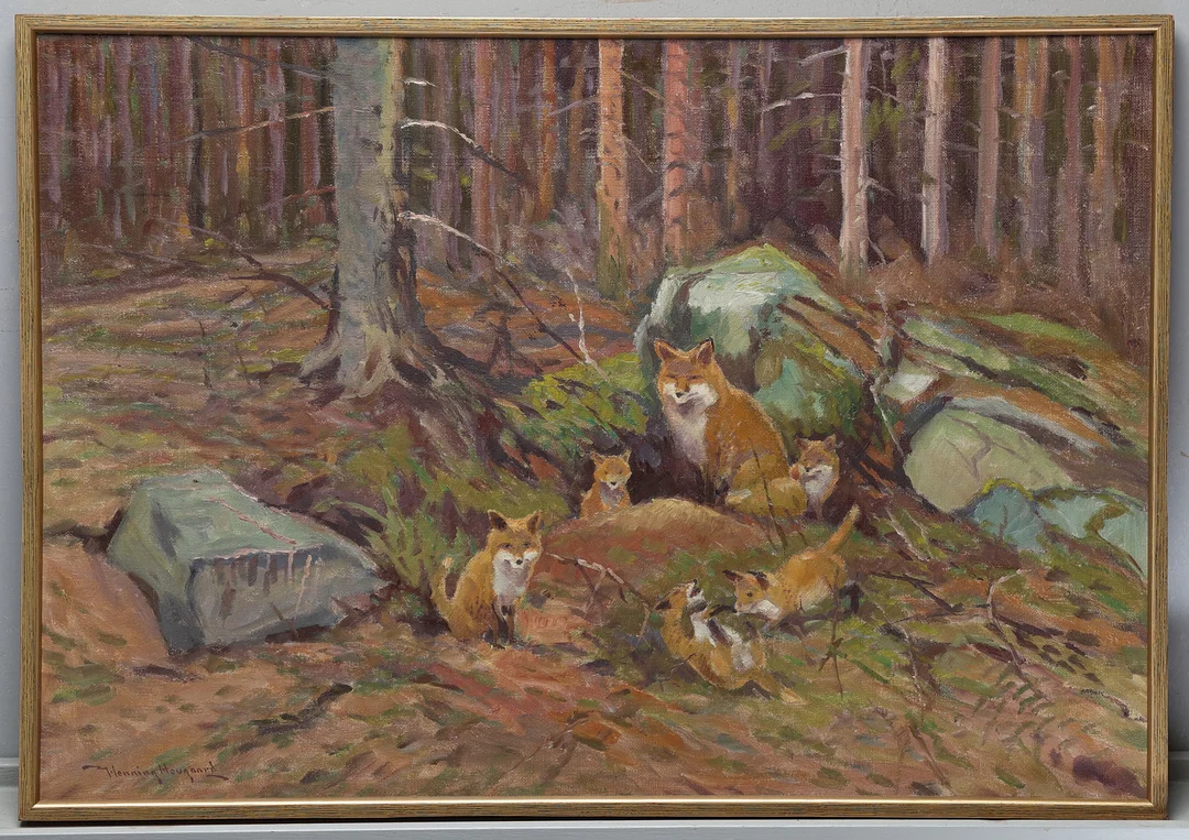 HENNING HOUGAARD. Räv med ungar, Olja på duk. Signerad. — Paintings — Gomér & Andersson Jönköping