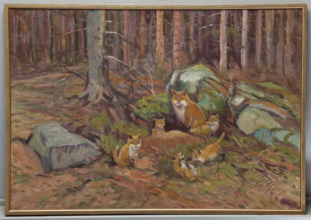 HENNING HOUGAARD. Räv med ungar, Olja på duk. Signerad.