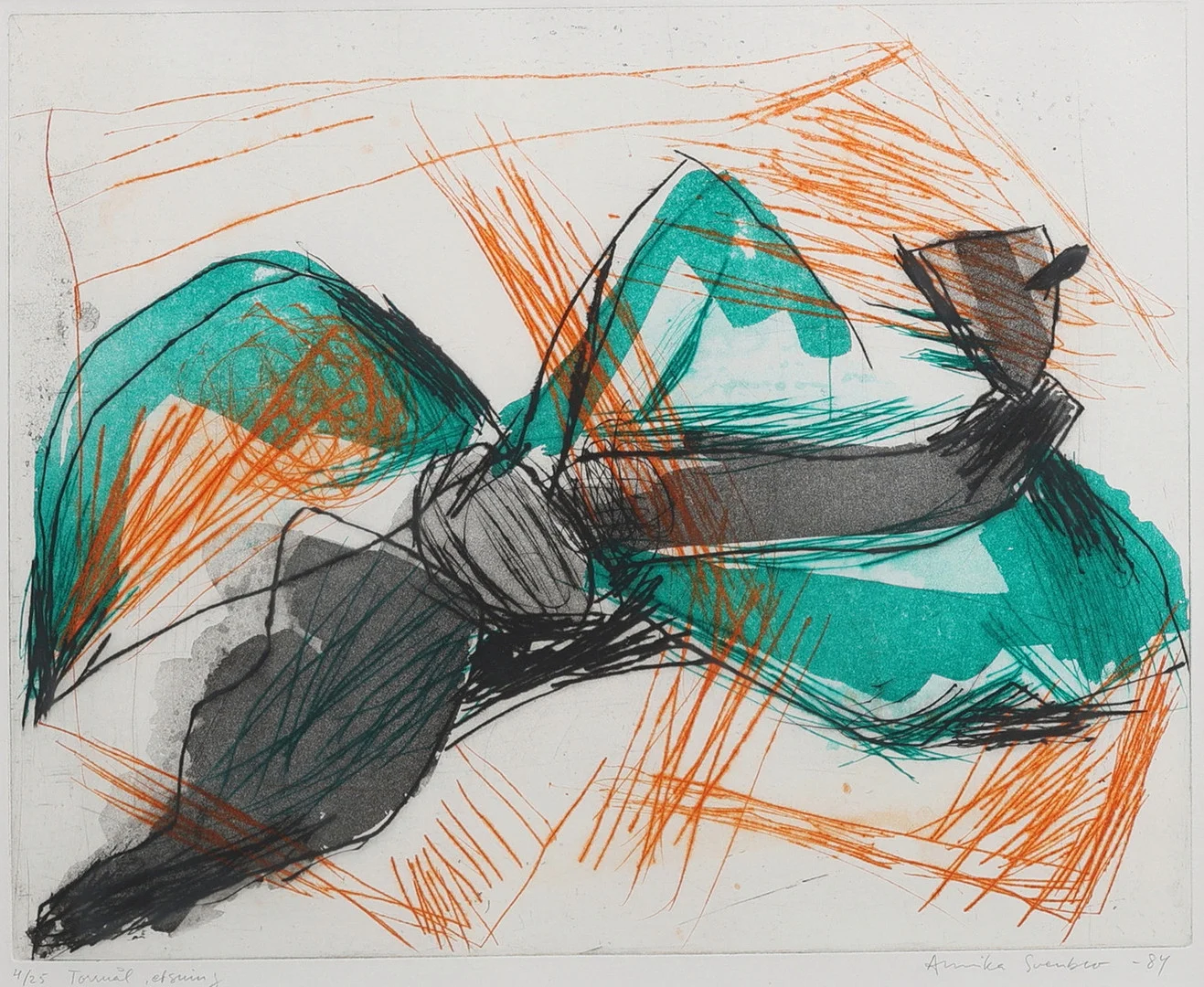 ANNIKA SVENBRO. KOMPOSITION I GRÖNT OCH ORANGE. — Engravings & Prints — Crafoord Auktioner Lund