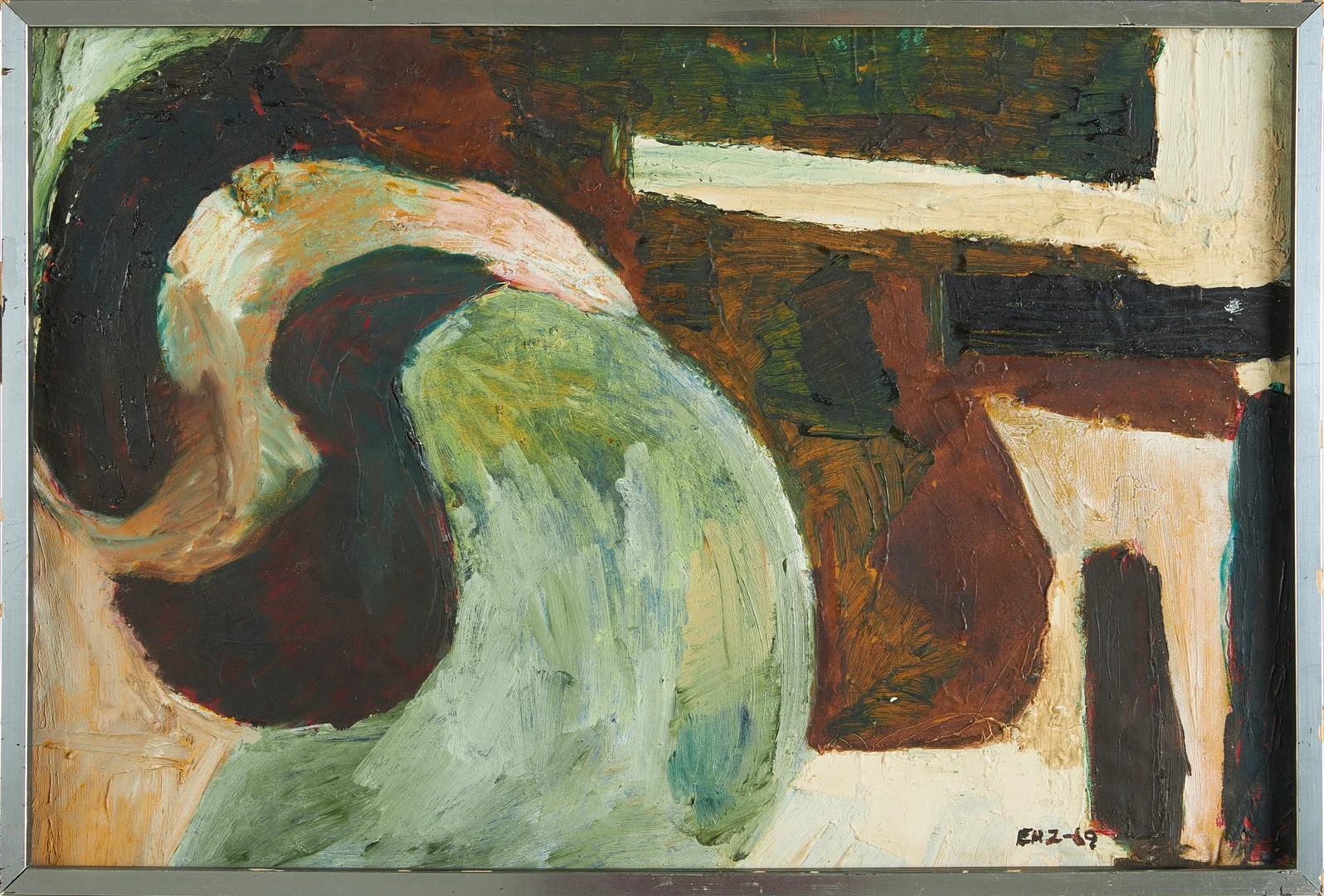 EVA ZETTERVALL. Abstrakt, olja på pannå, monogram signerad och daterad 1969. — Paintings — Stockholms Auktionsverk Sickla