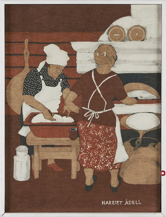HARRIET ÅDELL. Bagarstugan, bemålad textil, signerad.