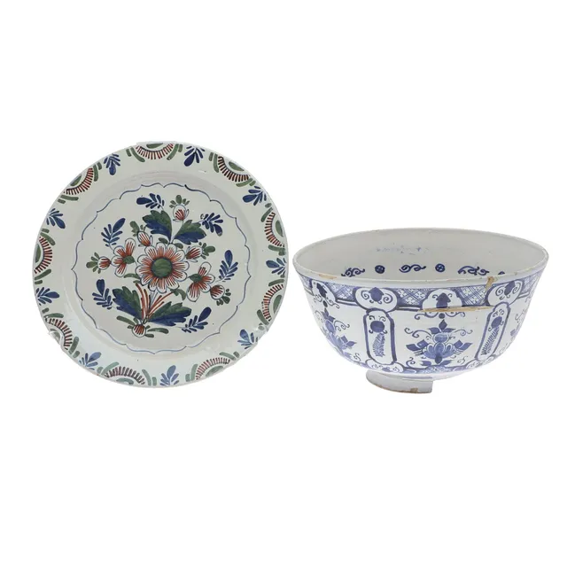 ANTIQUE DELFT CHARGER & LARGE BOWL.