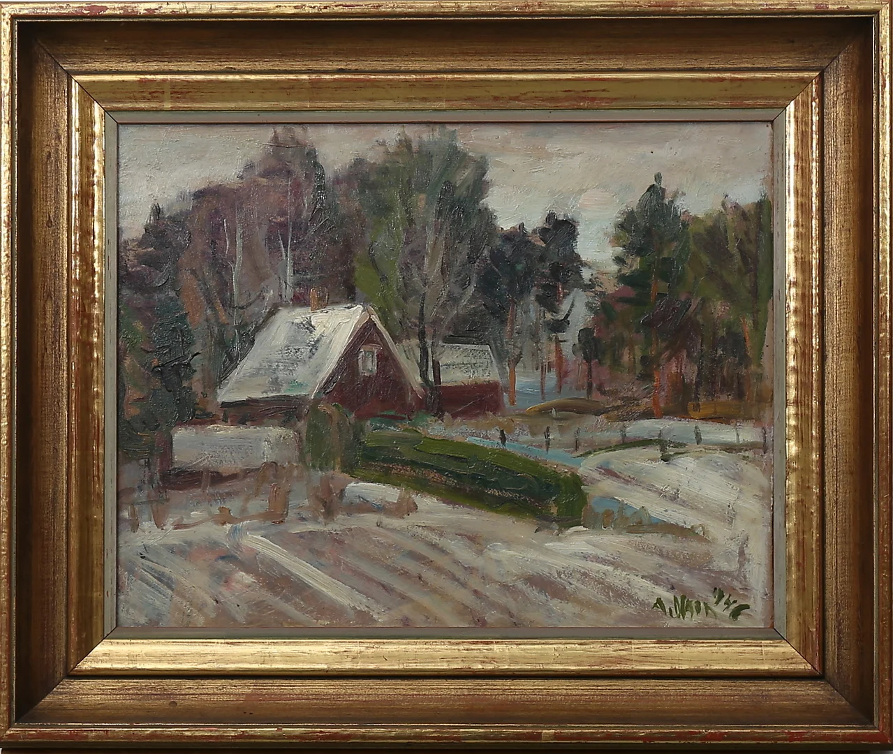 ANDERS OLSON. Gård i vinterlandskap, olja på pannå, signrad A Olson och daterad -46. — Paintings — Garpenhus Auktioner