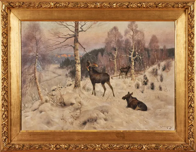 AXEL BORG. Vinterlandskap med älgar i aftonljus, olja på duk, 92,5 x 131,5 cm.